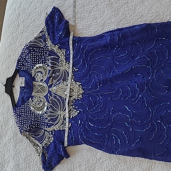 Vintage Western Bib Pearl Fringe & Silver Sequin Moon Silk Shift Dress XL - Picture 14 of 16